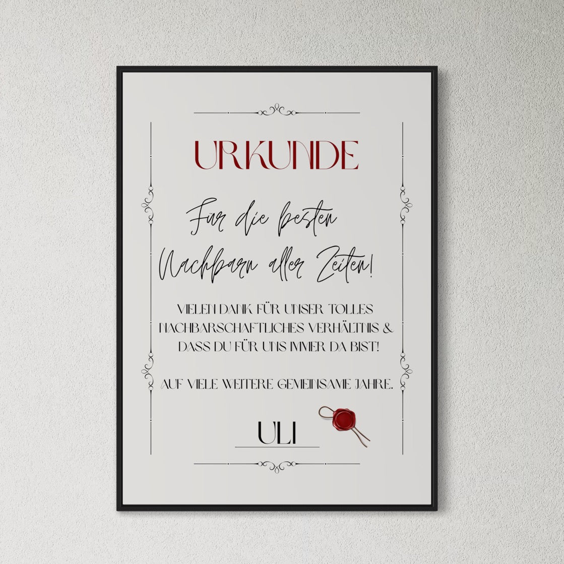 URKUNDE NACHBAR - DANKE Poster | PERSONALISIERT