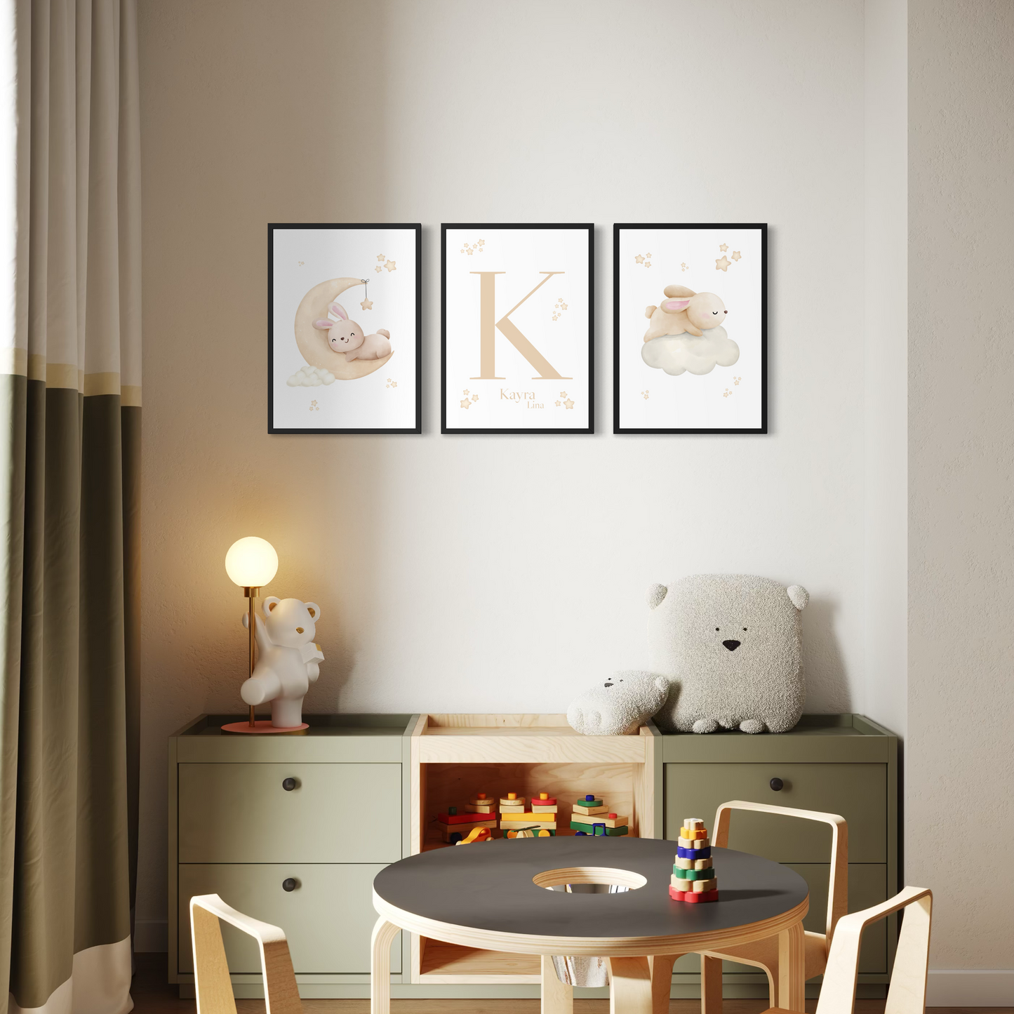 3er-Set Kinder Poster in beige - Name | PERSONALISIERT