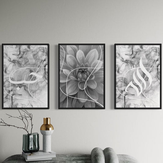 3er-Set Poster Love, Allah & Blume in rot/blau/grün/schwarz-weiß