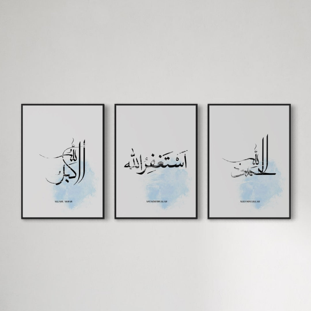 3er-Set abstract Poster Allahu Akbar, Astağfirullah & Alhamdulillah | blaue details