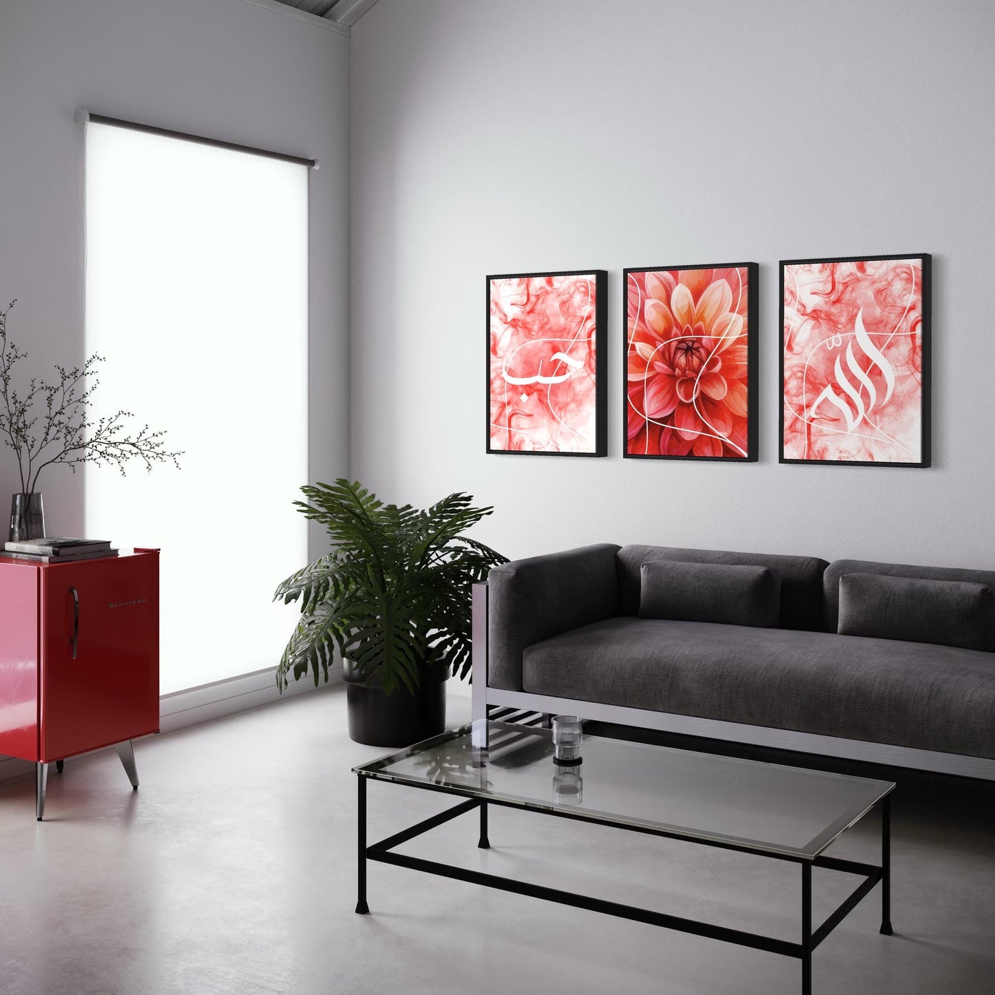 3er-Set Poster Love, Allah & Blume in rot/blau/grün/schwarz-weiß