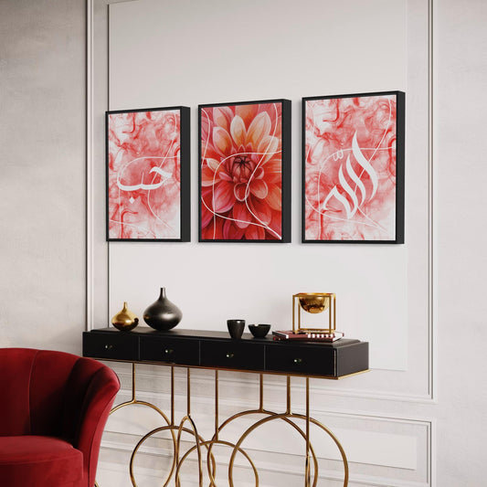 3er-Set Poster Love, Allah & Blume in rot/blau/grün/schwarz-weiß