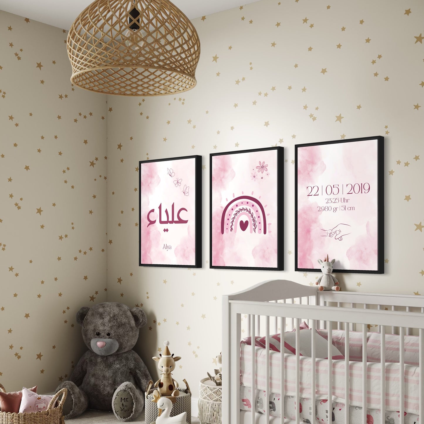 3er-Set Kinder Poster in rosa & blau - Name & Geburtsdaten | PERSONALISIERT