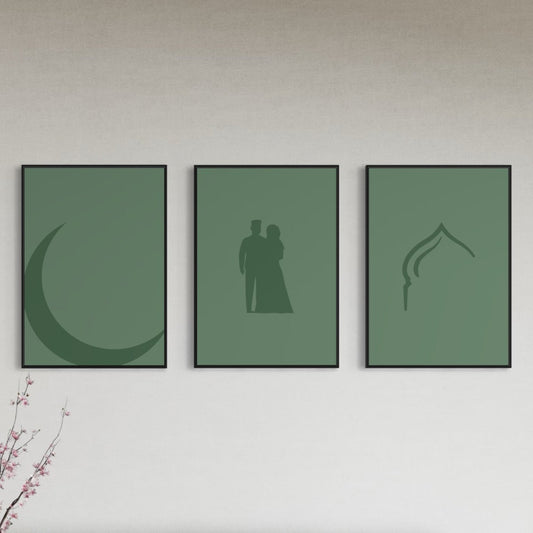 3er-Set moon pair mosque Poster in grün