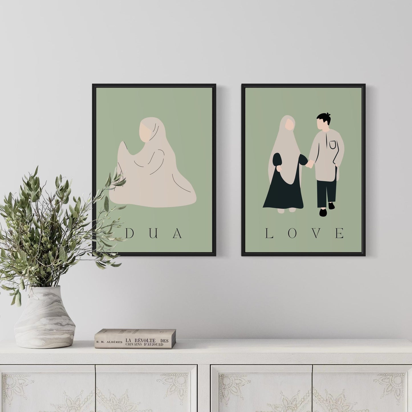 2er-Set Poster Dua & Love in grün-beige