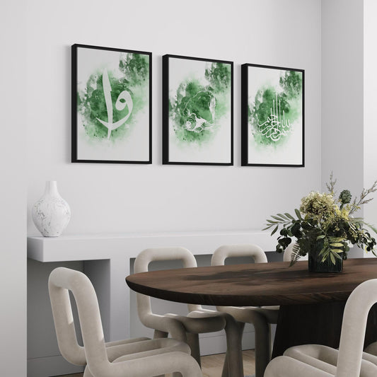 3er-Set Poster Bismillah, Elif / Vav in grün