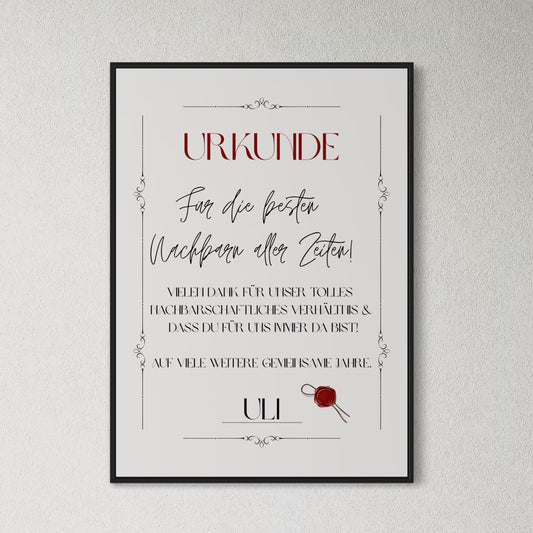 URKUNDE NACHBAR - DANKE Poster | PERSONALISIERT