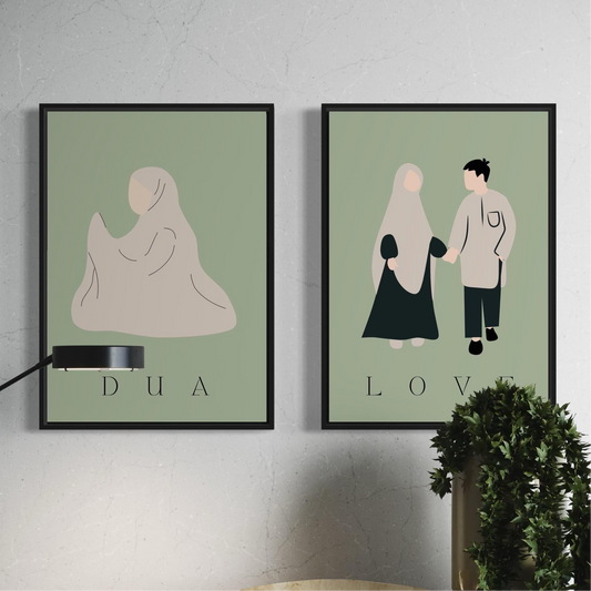 2er-Set Poster Dua & Love in grün-beige