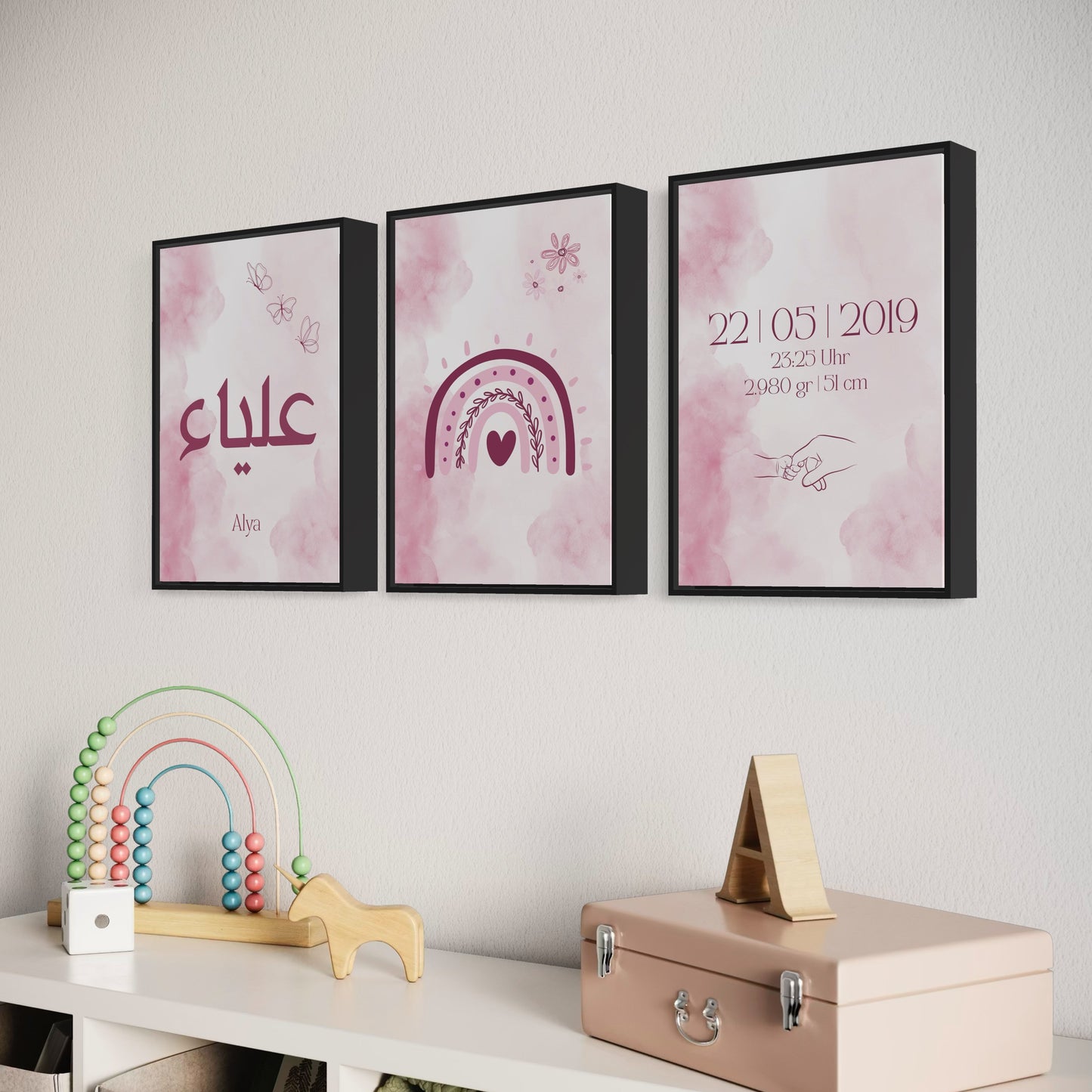 3er-Set Kinder Poster in rosa & blau - Name & Geburtsdaten | PERSONALISIERT