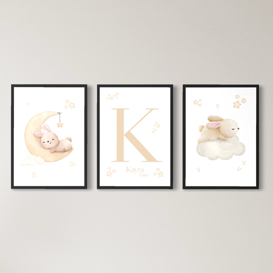 3er-Set Kinder Poster in beige - Name | PERSONALISIERT