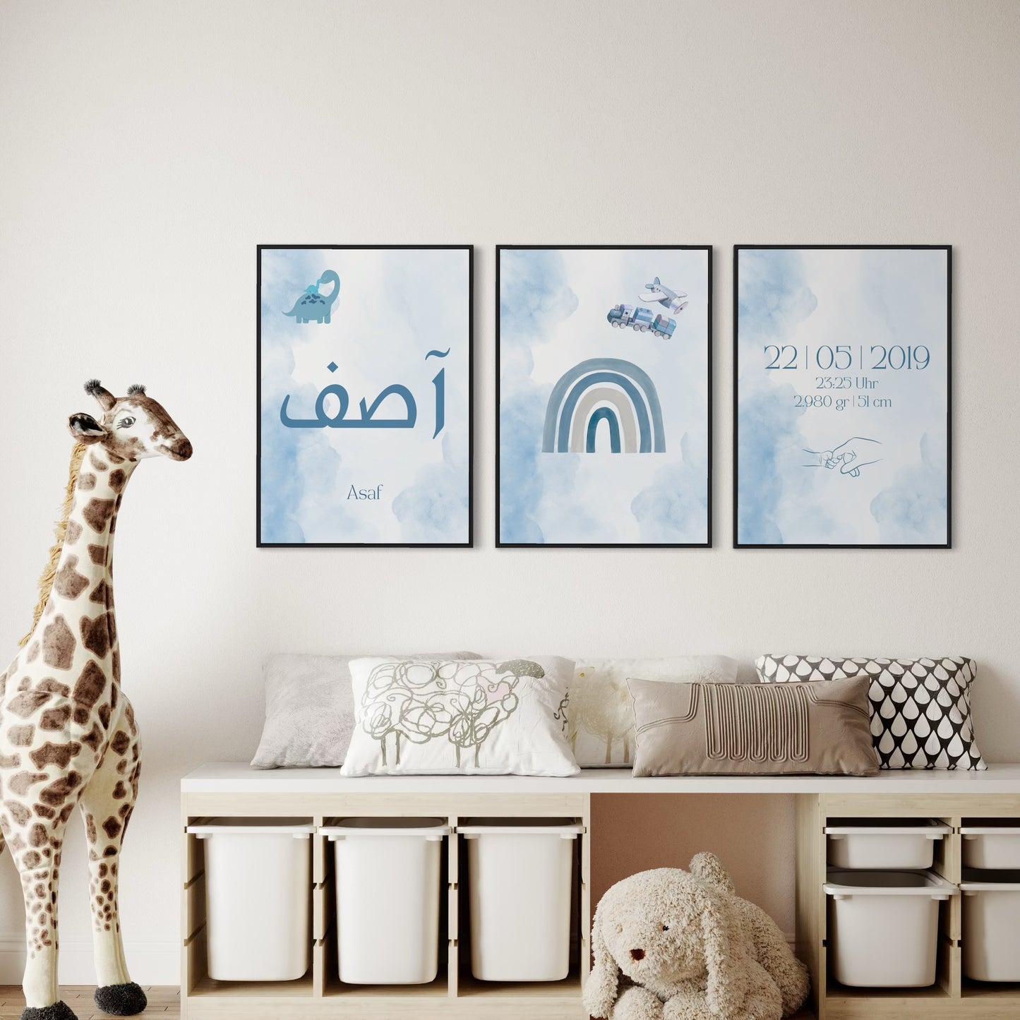 3er-Set Kinder Poster in rosa & blau - Name & Geburtsdaten | PERSONALISIERT
