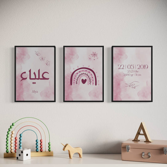 3er-Set Kinder Poster in rosa & blau - Name & Geburtsdaten | PERSONALISIERT