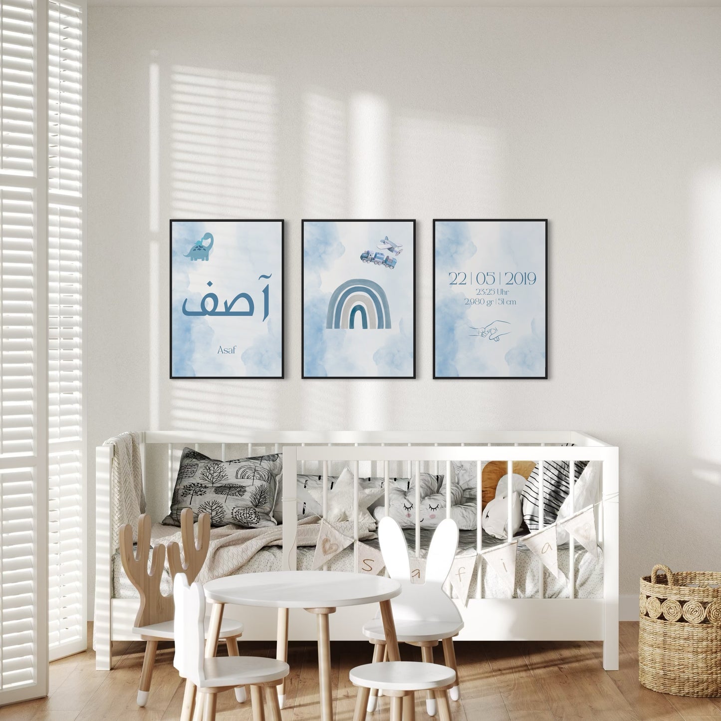 3er-Set Kinder Poster in rosa & blau - Name & Geburtsdaten | PERSONALISIERT